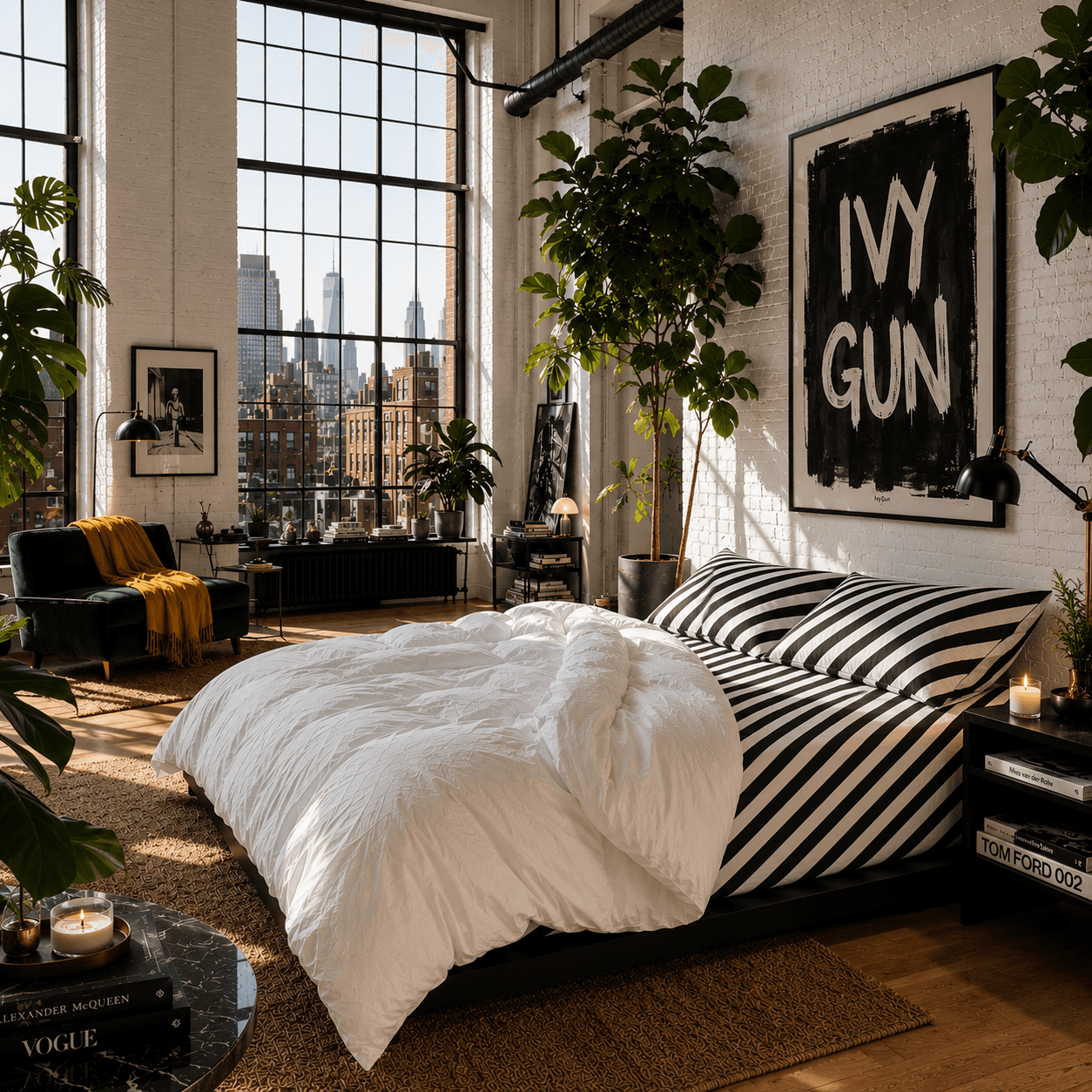 Modern bedroom with a bed, striped pillows, and cityscape view.