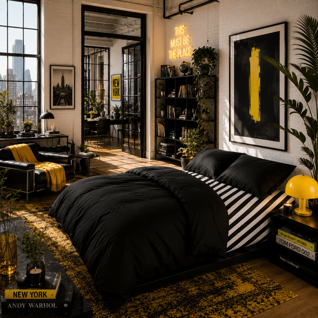 Modern bedroom with black bedding, yellow accents, and cityscape view