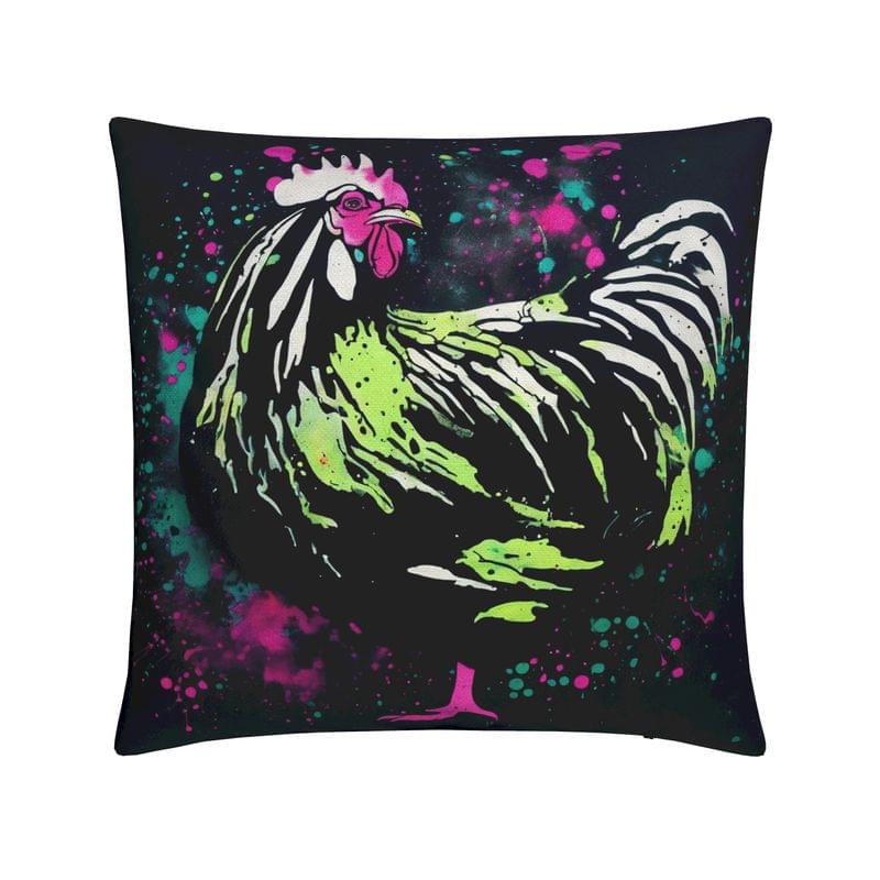 Decorative pillow with a colorful rooster design on a black background