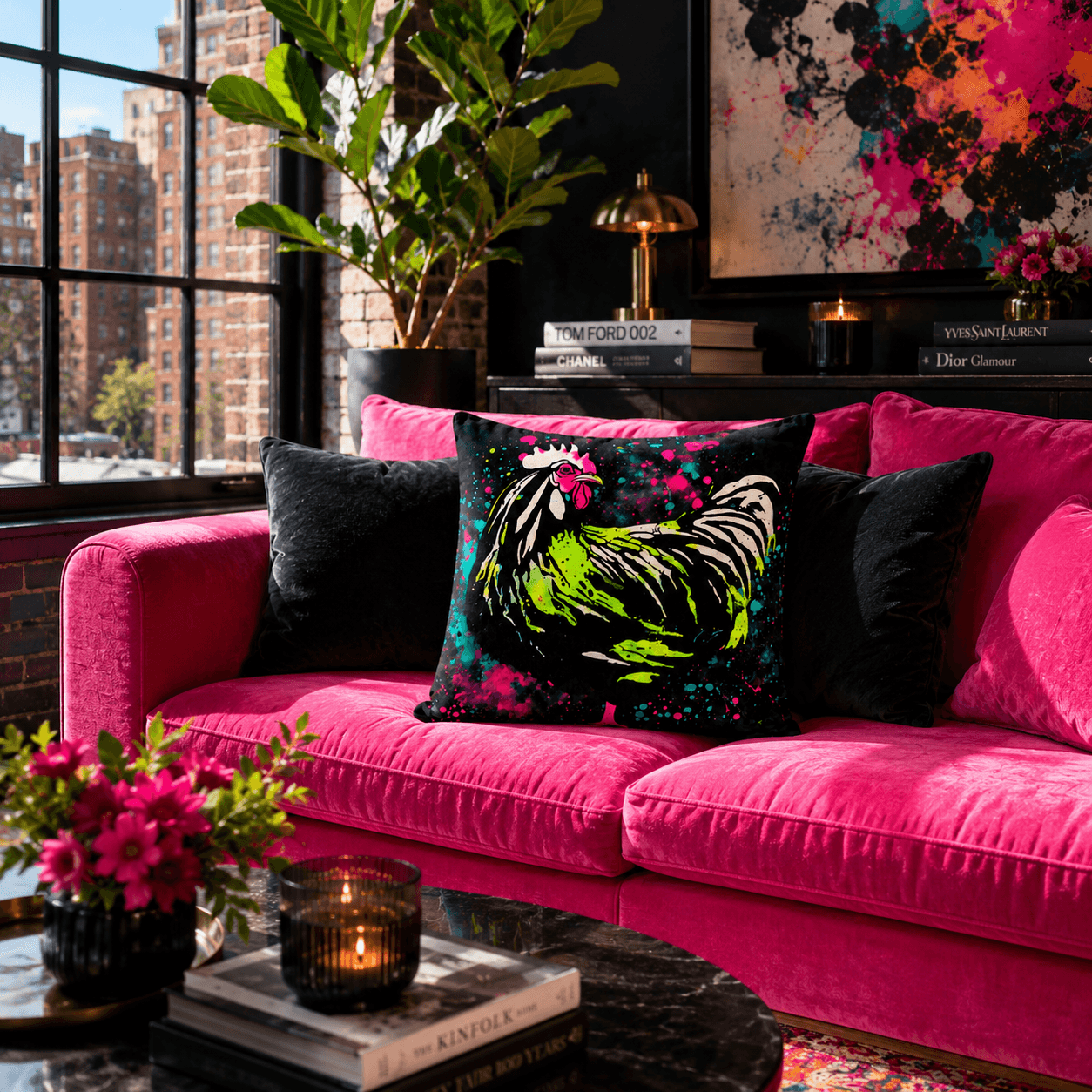 Pink sofa with colorful rooster pillow in a stylish living room.