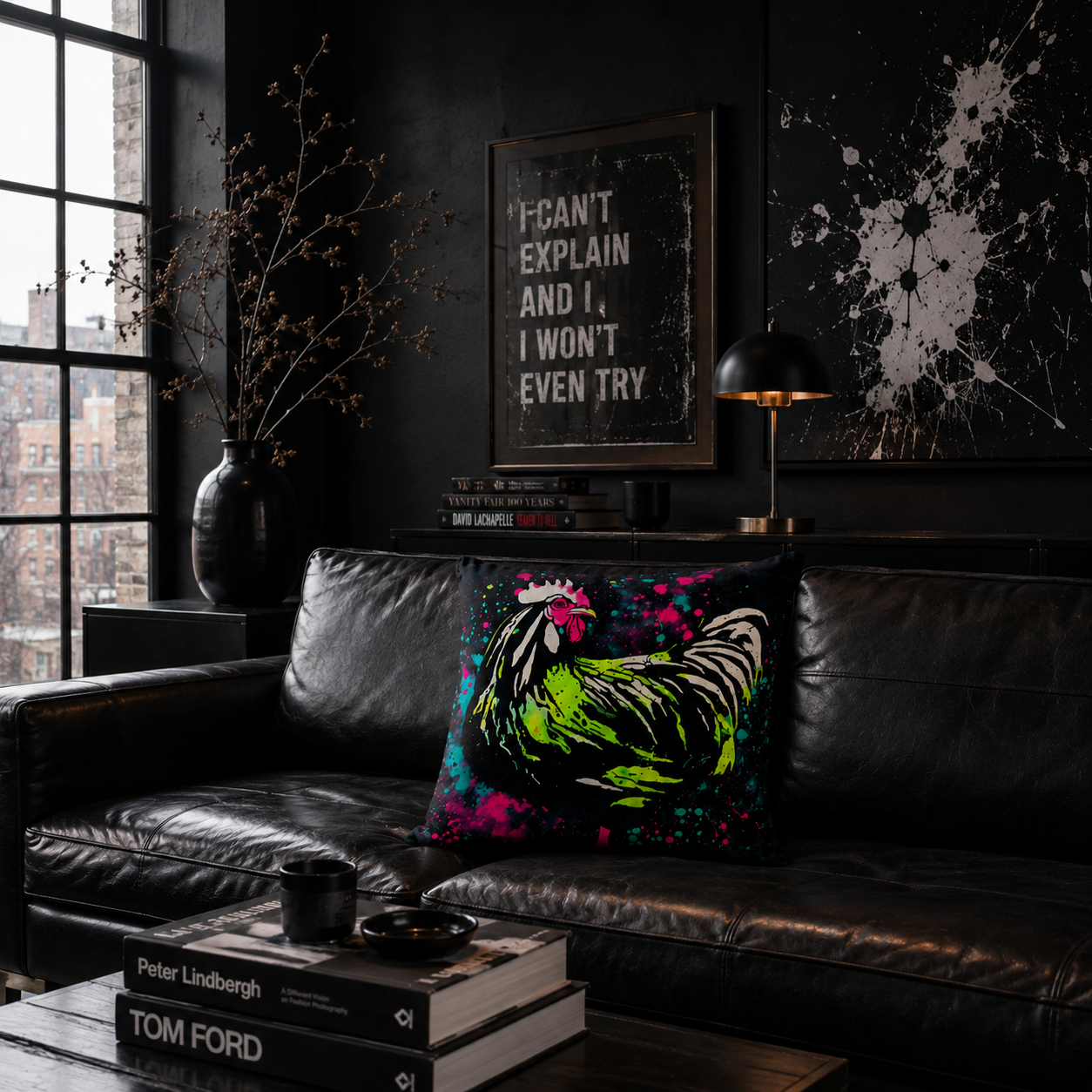 Modern living room with a black leather sofa, colorful rooster pillow, and framed quote on the wall.