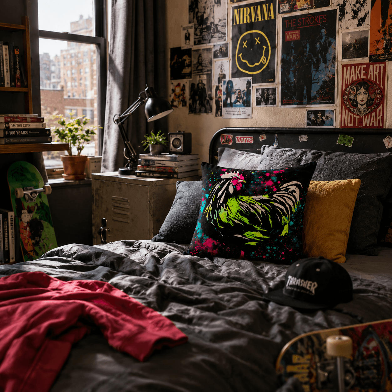 Room interior with a bed, colorful pillows, and various posters on the wall.