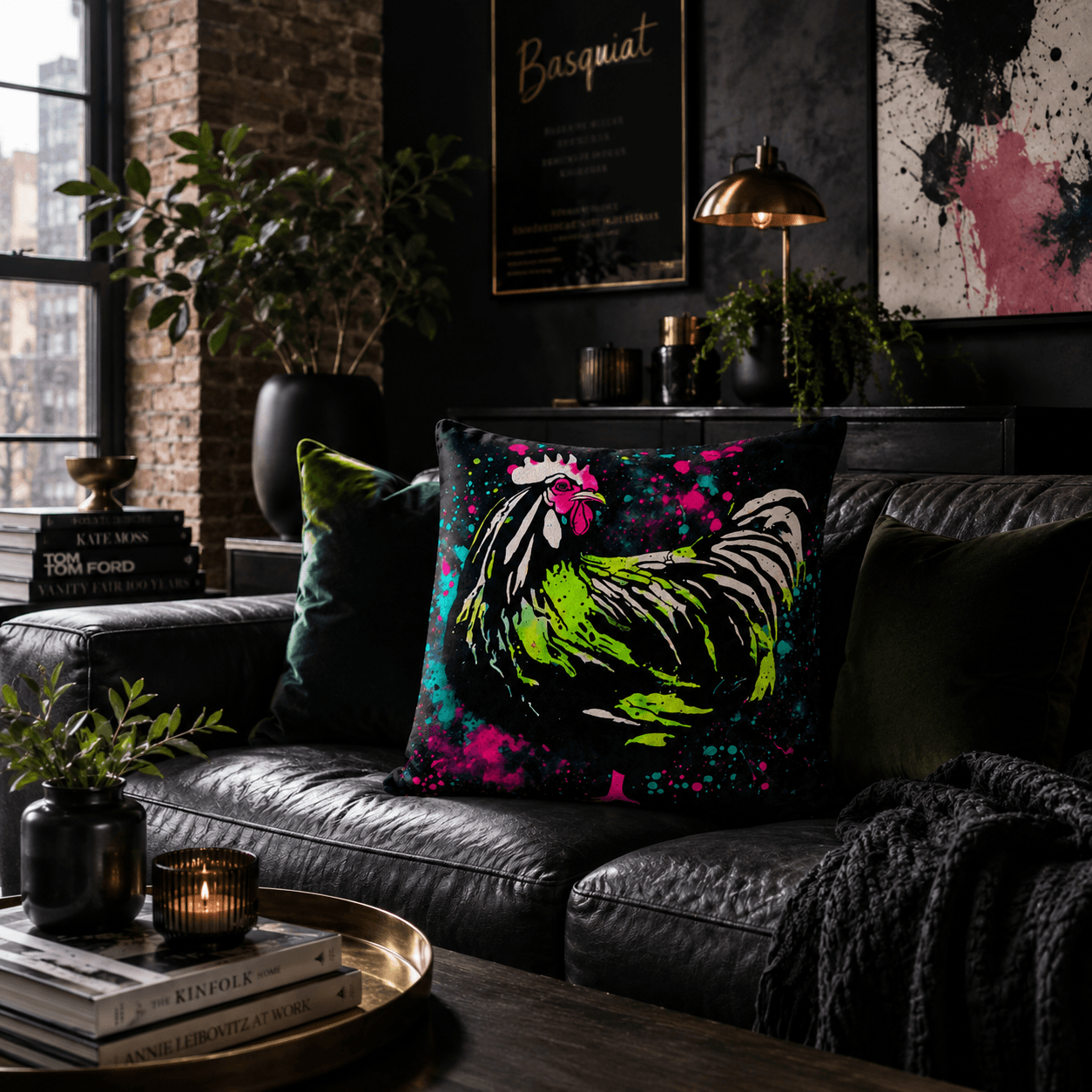 Decorative pillow with a colorful rooster design on a dark sofa in a stylish living room.