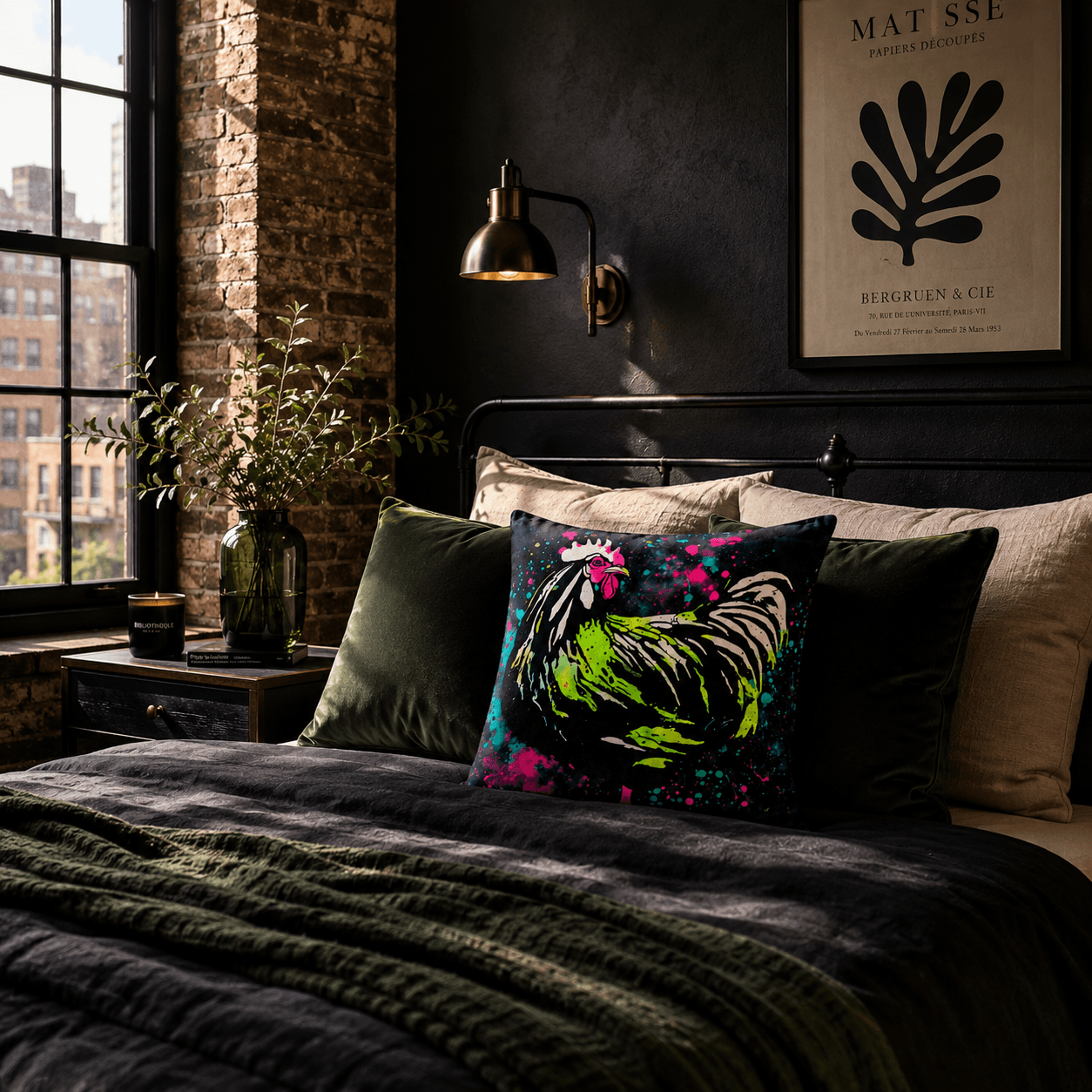Decorative pillow with a colorful rooster design on a bed in a room with a brick wall and window.