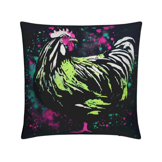 Decorative pillow with a colorful rooster design on a black background