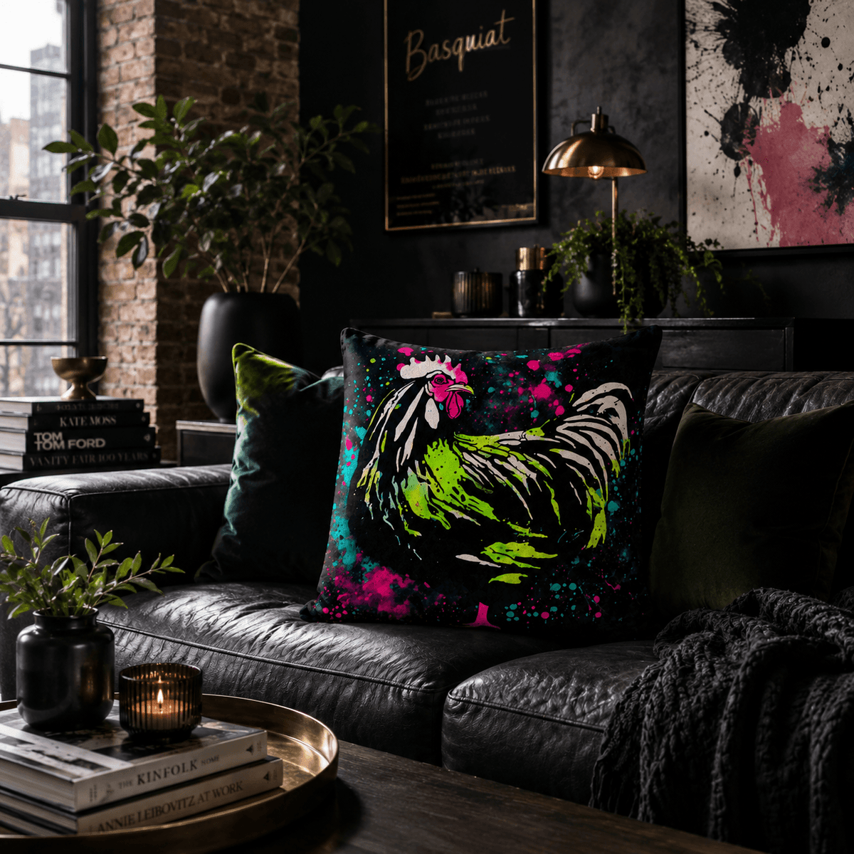 Decorative pillow with a colorful rooster design on a dark sofa in a stylish living room.