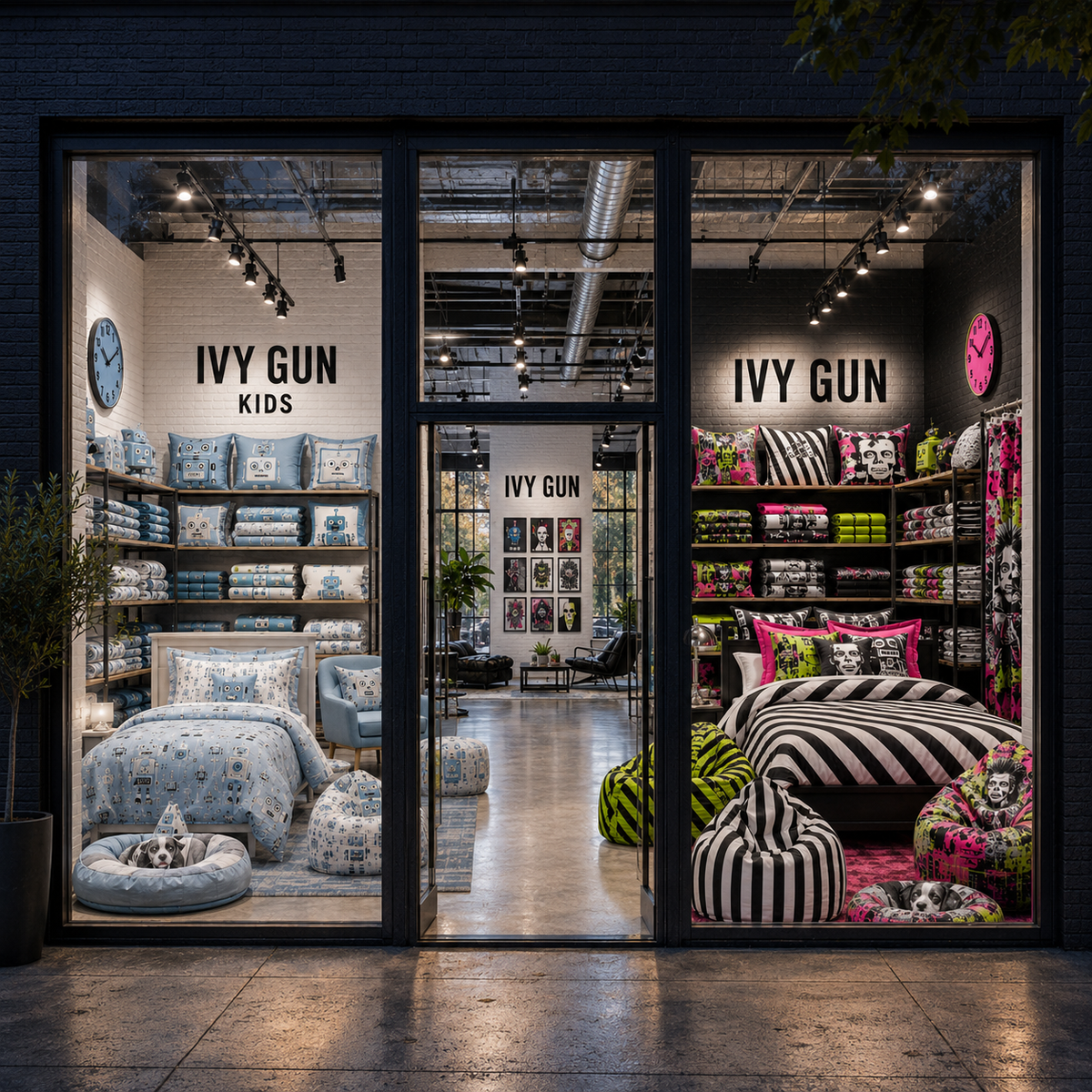 Front view of an 'Ivy Gun Kids' retail store with large glass windows, showcasing colorful children's bedding, pillows, and pet beds inside. The storefront has a dark brick exterior and is illuminated at night.