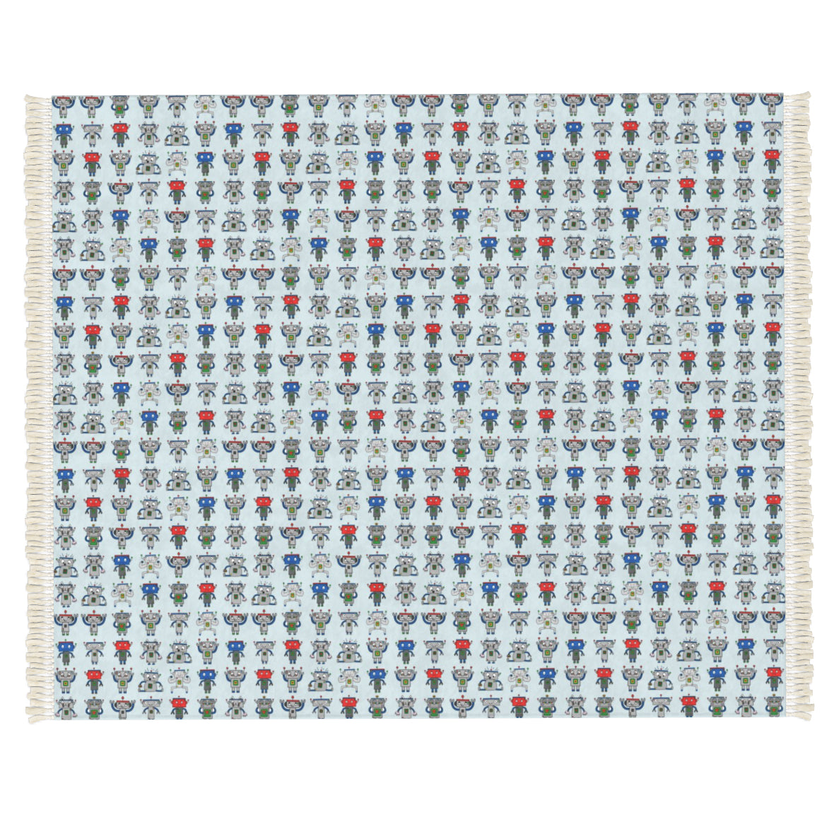A square woven textile with fringe on the left and right edges, featuring a dense repeating pattern of small illustrated figures in blue, red, green, and gray on a light background.