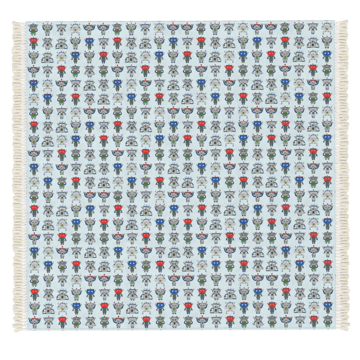A square woven textile with fringe on the left and right edges, featuring a repeating pattern of stylized figures in blue, red, green, and gray on a pale blue background.