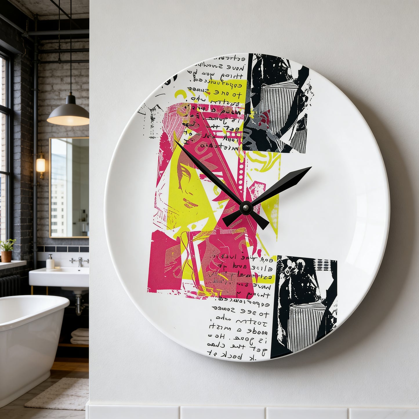 Pop Art Portrait Acrylic Wall Clock — Retro Neon Collage Timepiece