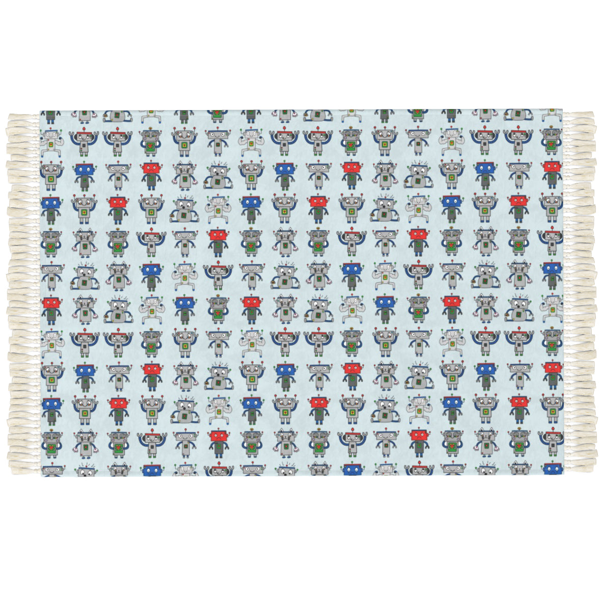 A rectangular woven textile with fringe on the left side, featuring a repeating pattern of cartoon robot characters in blue, red, green, and gray on a pale blue background.