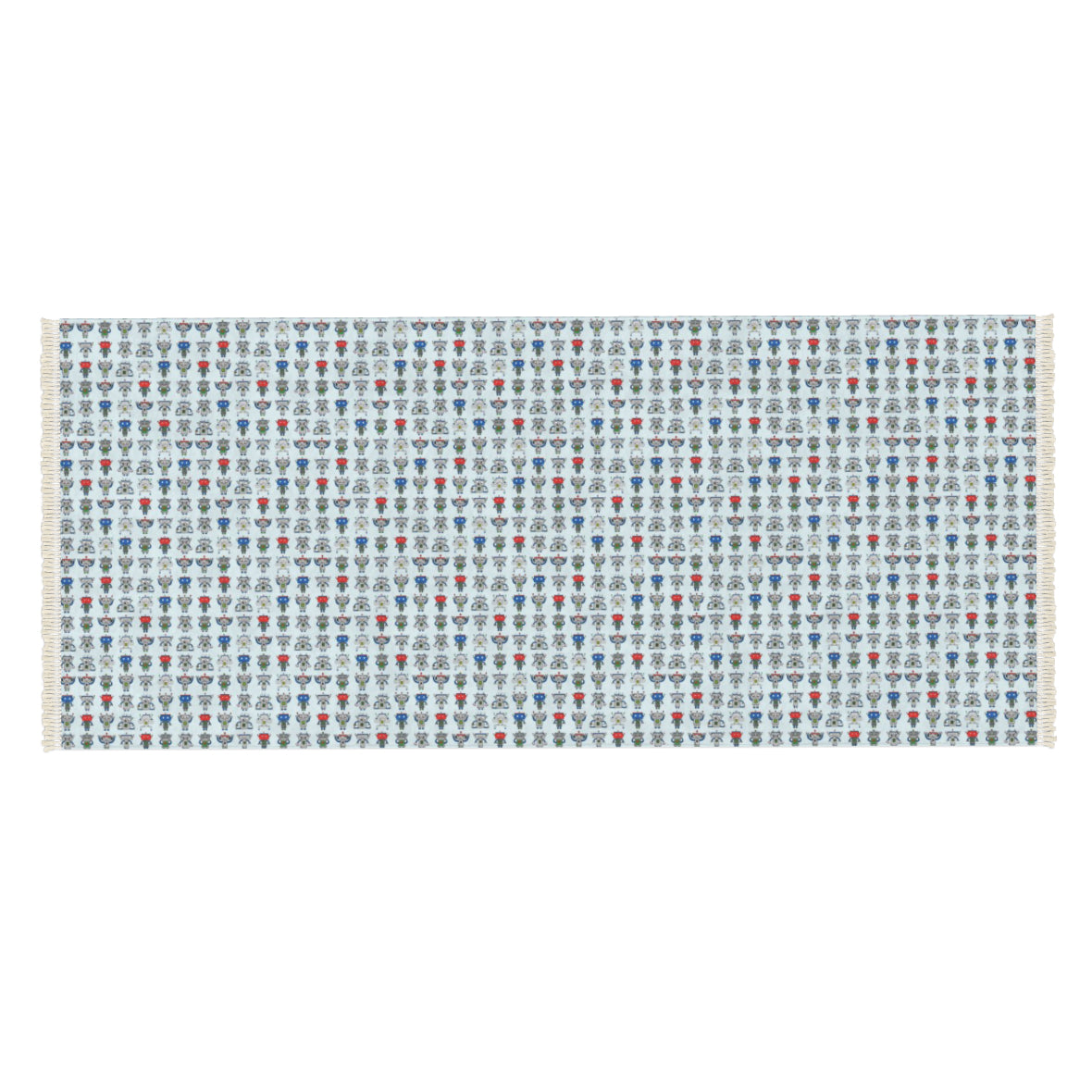 A rectangular woven rug with a dense repeating pattern of small shield and crest motifs in blue, red, gray, and white on a light gray base, shown against a plain white background.